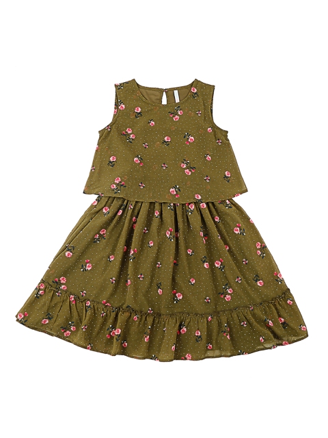 Pantaloons Junior Girls Olive Green Printed A-Line Dress