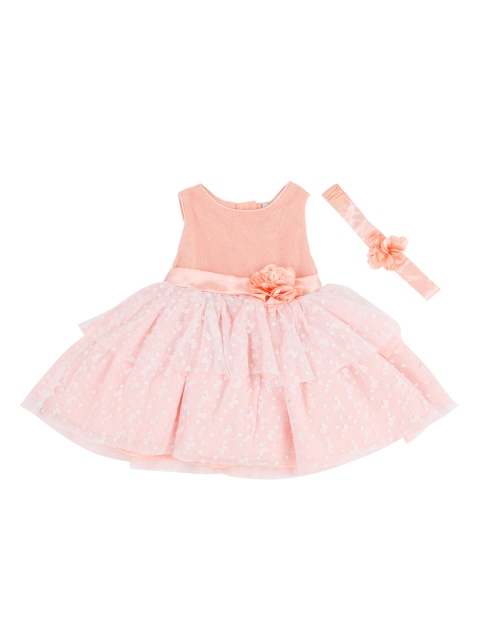 Pantaloons Baby Girls Self Design Peach-Coloured Fit and Flare Dress