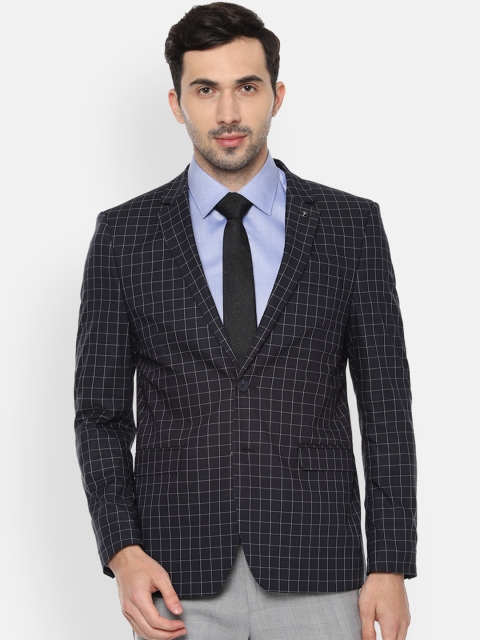 Van Heusen Men Navy Blue Checked Slim-Fit Single-Breasted Blazer