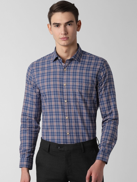 Peter England Men Blue Slim Fit Checked Formal Shirt