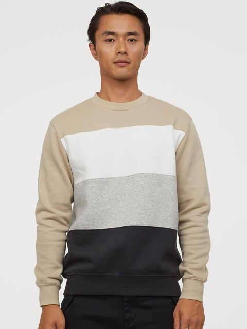H&M Men Beige & White Block-Coloured Sweatshirt