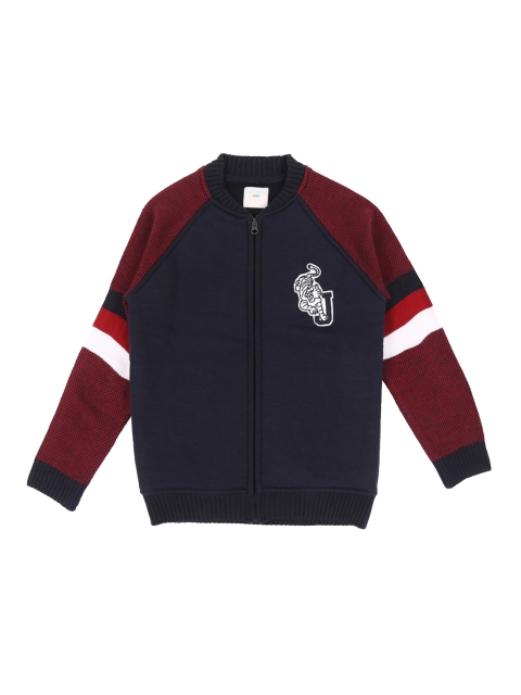 Pantaloons Junior Boys Navy Blue & Maroon Colourblocked Front Open Sweater