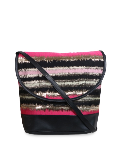 Diwaah Women Black & Pink Striped Sling Bag