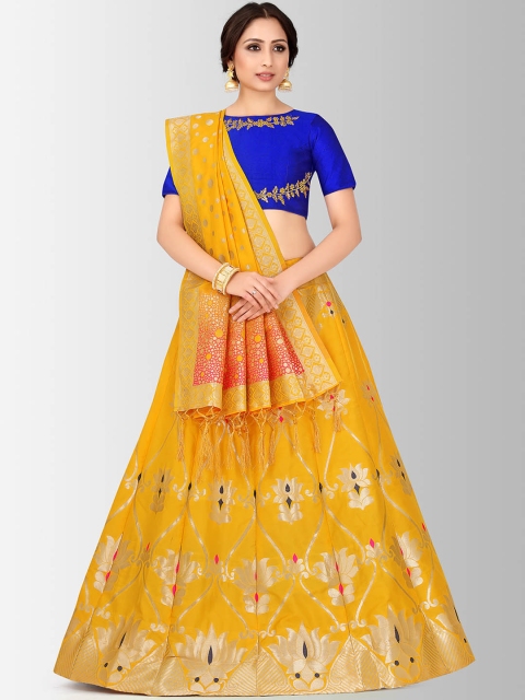 MIMOSA Mustard Yellow & Blue Embroidered Semi-Stitched Lehenga & Blouse with Dupatta