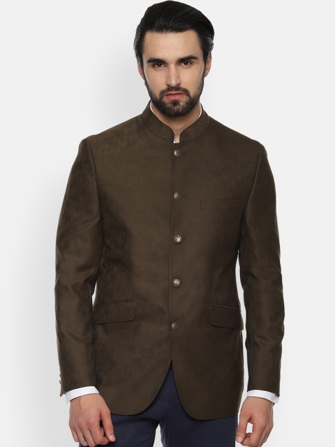 Van Heusen Men Brown Self-Design Slim-Fit Single-Breasted Bandhgala Blazer