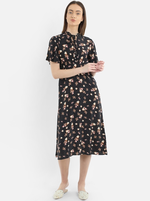COVER STORY Women Black & Brown Floral Printed Fit and Flare Dress