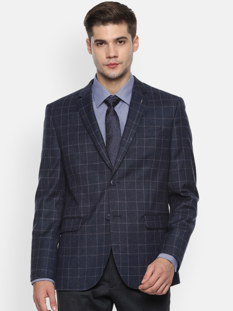 Van Heusen Men Navy Blue Checked Slim-Fit Single-Breasted Blazer