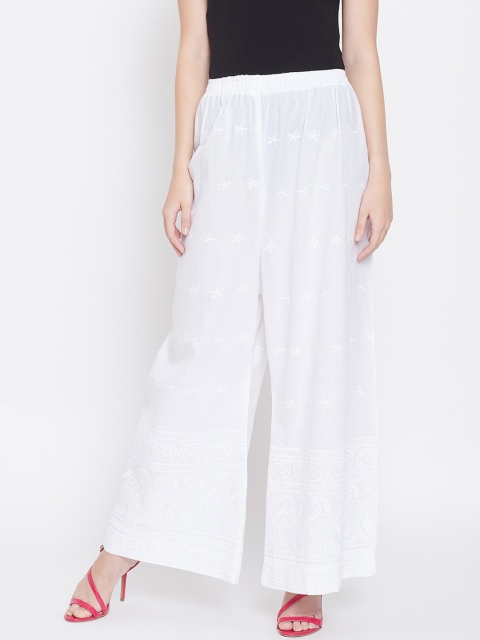 Castle Women White Embroidered Flared Palazzos