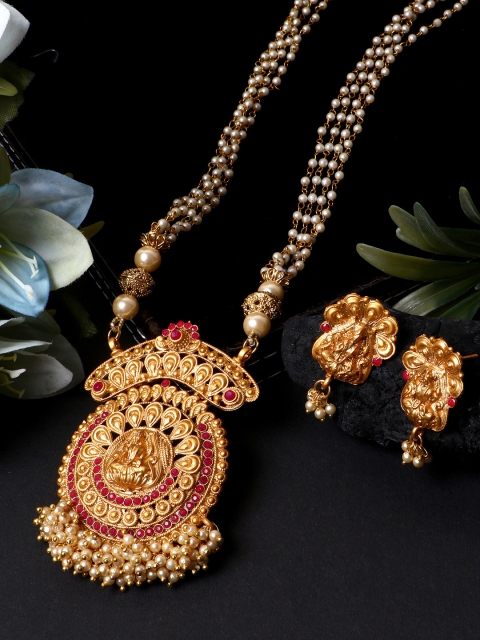 ANIKAS CREATION Women Gold-Plated Goddess Laxmi & Red Stone-Studded Temple Jewellery Set