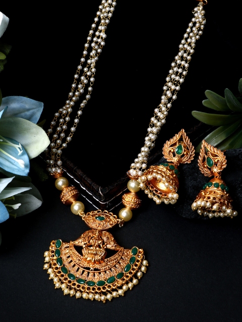 ANIKAS CREATION Women Gold-Plated & Green Goddess Laxmi Stone-Studded Temple Jewellery Set
ANIKAS CREATION Women Gold-Plated & Green Goddess Laxmi Stone-Studded Temple Jewellery Set