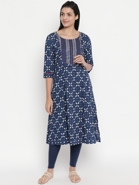 RANGMANCH BY PANTALOONS Women Blue & White Printed A-Line Kurta