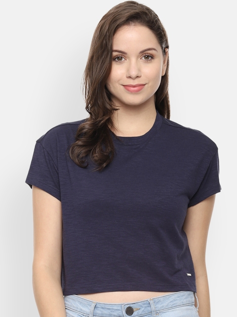 Van Heusen Woman Navy Blue Solid Crop Top