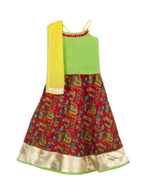 KID1 Girls Lime Green & Rust Red Solid Ready to Wear Lehenga & Blouse with Dupatta
