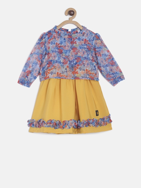 TALES & STORIES Girls Yellow & Blue Printed Fit and Flare Dress