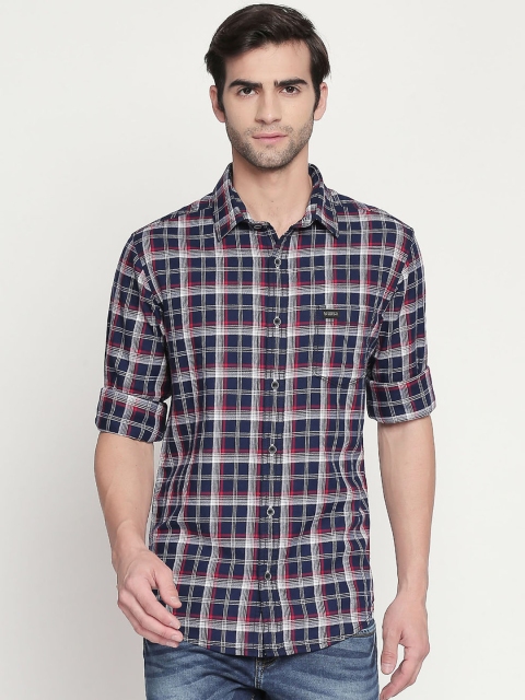 Mufti Men Navy Blue & Cream-Coloured Slim Fit Checked Casual Shirt