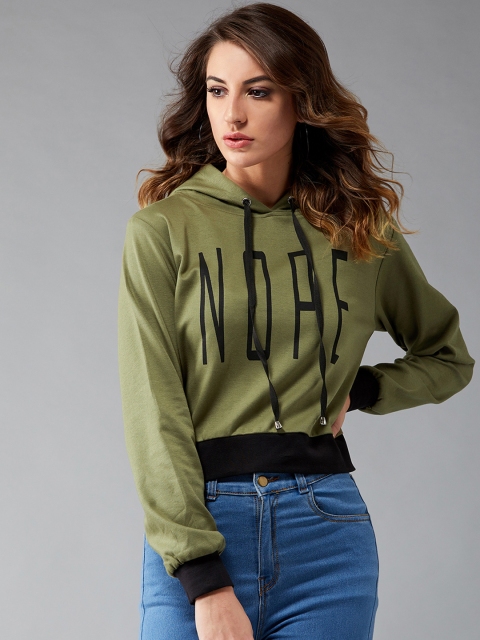DOLCE CRUDO Women Olive Green Printed Hooded Sweatshirt