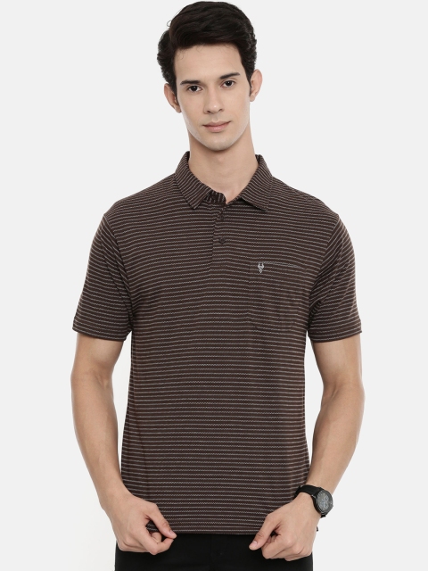 Classic Polo Men Brown & Grey Striped Polo Collar T-shirt