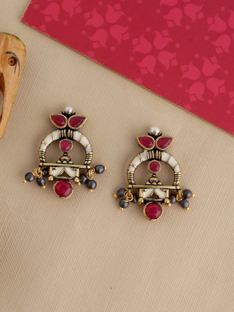 Studio Voylla Gold-Toned & Red Geometric Drop Earrings
