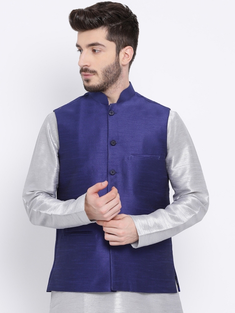 Namaskar Men Blue Solid Woven Nehru Jacket