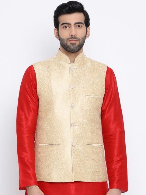 Namaskar Men Beige Woven Design Nehru Jacket