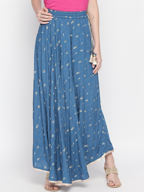 AKKRITI Women Blue & Gold-Toned Printed Flared Maxi Skirt