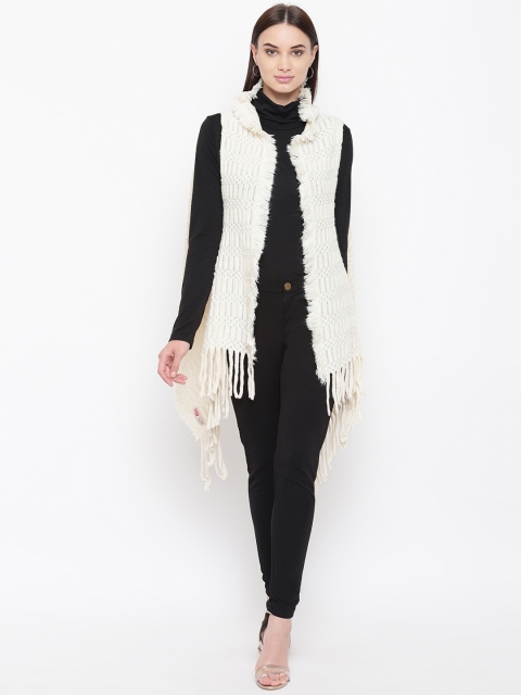 HK colours of fashion Women Off-White Self Design Poncho Sweater