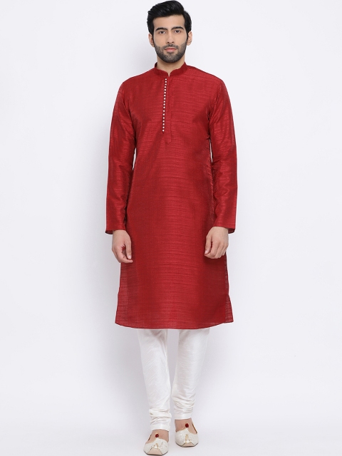 NAMASKAR Men Maroon & Off-White Solid Silk Kurta with Churidar