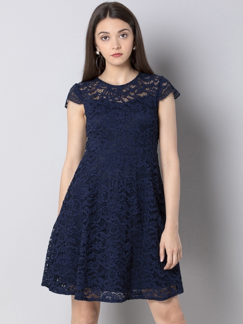 FabAlley Women Self Design Navy Blue Fit and Flare Dress