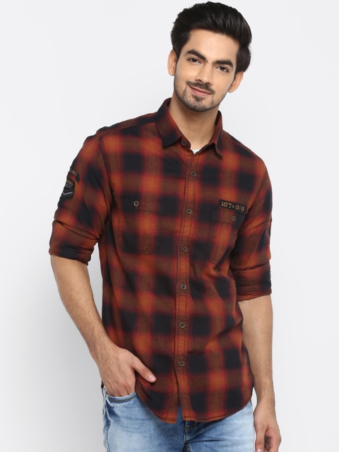Mufti Men Rust Orange & Black Slim Fit Checked Casual Shirt