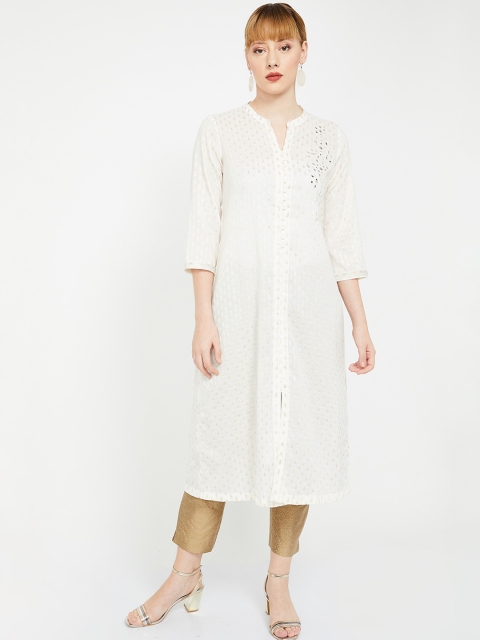 Melange by Lifestyle Women Off-White Printed Mirror Work A-Line Kurta