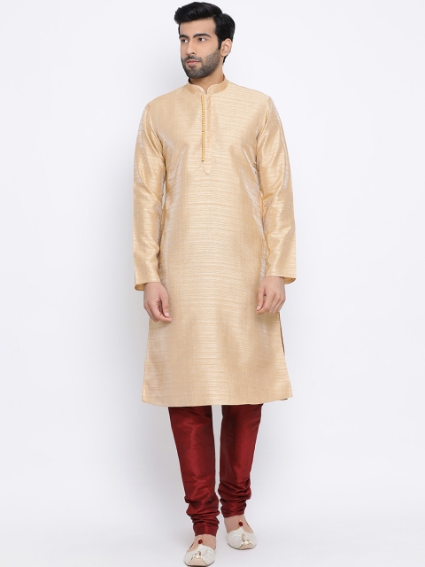 NAMASKAR Men Khaki & Maroon Solid Kurta with Churidar