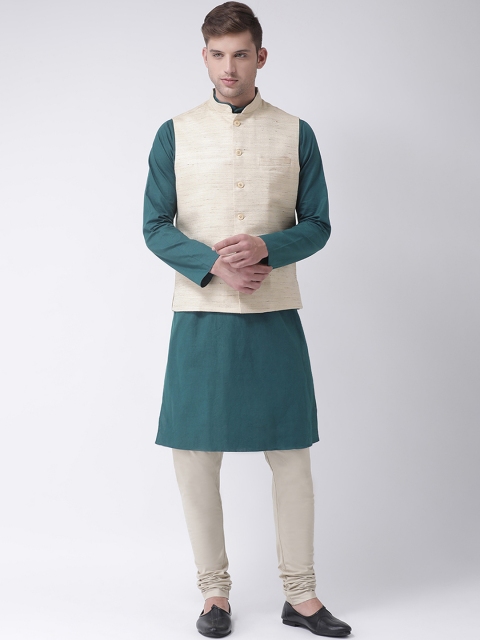 TABARD Men Beige & Green Solid Kurta with Churidar