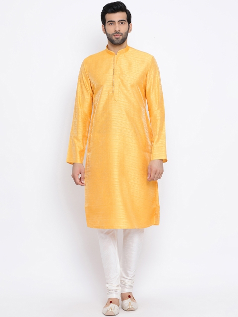 NAMASKAR Men Yellow & Off-White Solid Kurta with Churidar