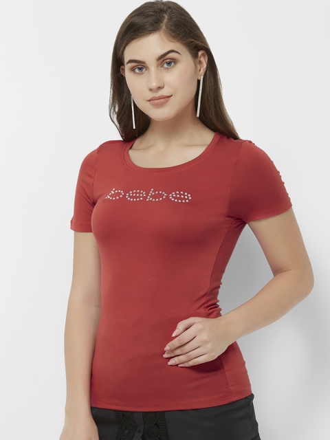 bebe Women Red Printed Round Neck T-shirt