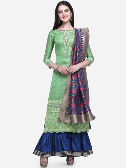 Stylee LIFESTYLE Green & Blue Satin Semi-Stitched Dress Material