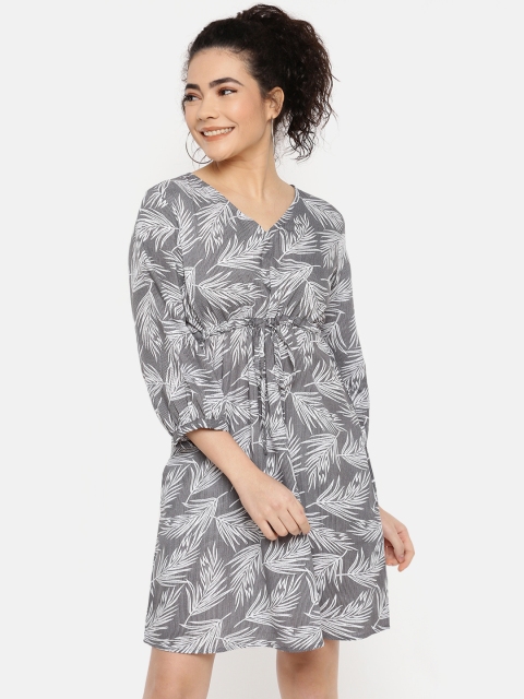 IDK Women Printed Grey Fit and Flare Dress