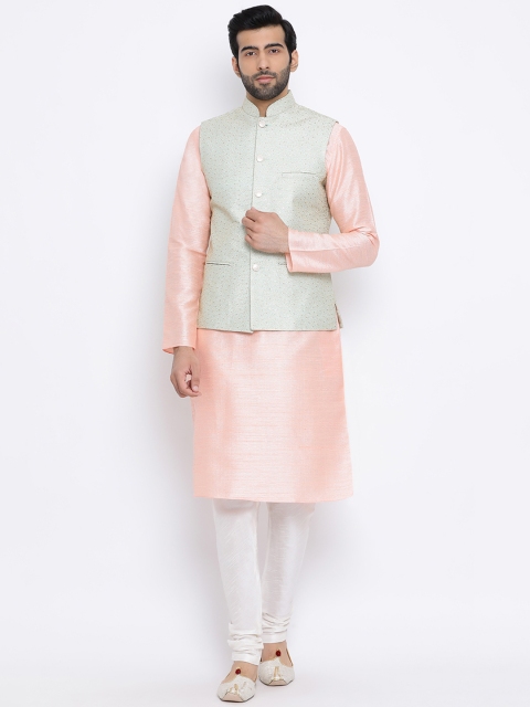 NAMASKAR Men Blue & Pink Self Design Kurta with Churidar