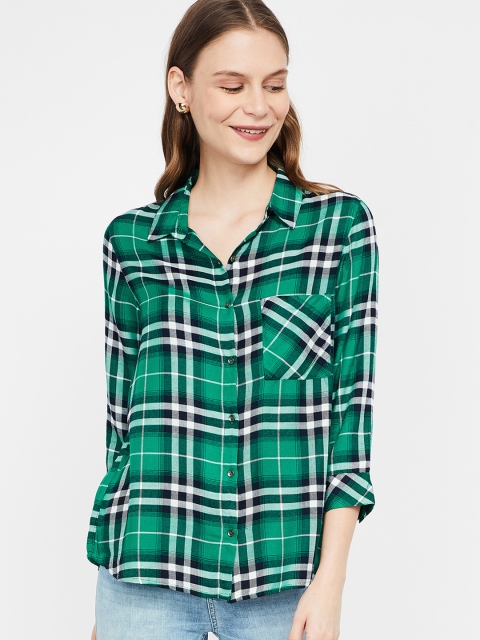 Fame Forever by Lifestyle Women Green Checked Shirt Style Top