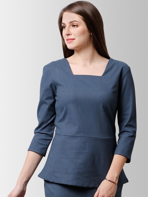 FableStreet Women Navy Blue Striped A-Line Top