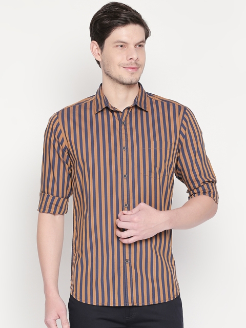 BYFORD by Pantaloons Men Mustard Brown & Blue Slim Fit Striped Casual Shirt