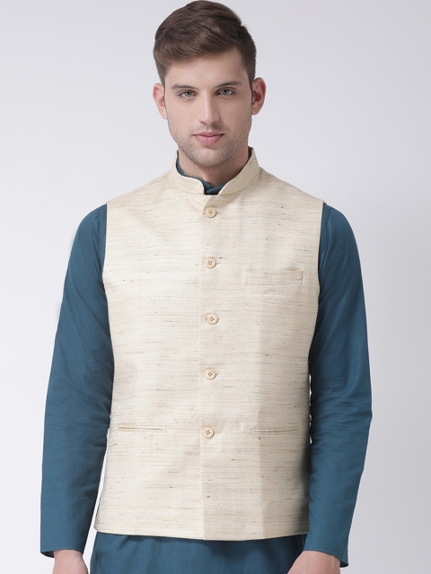 TABARD Men Beige Solid Pure Silk Nehru Jacket
