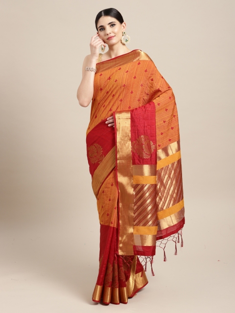 Mitera Mustard Yellow & Red Art Silk Woven Design Bhagalpuri Saree