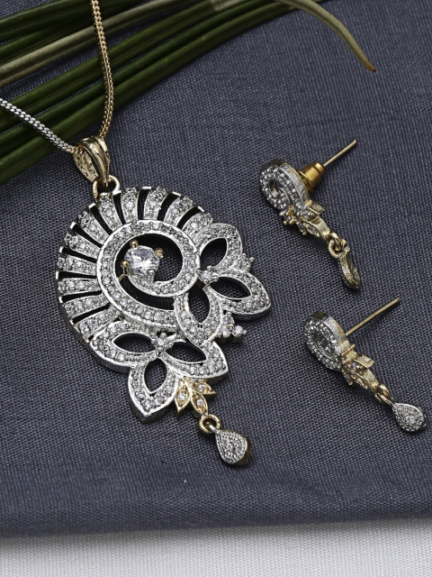 ZeroKaata Women Gold-Toned & Silver-Toned Stone-Studded Pendant & Earrings Set