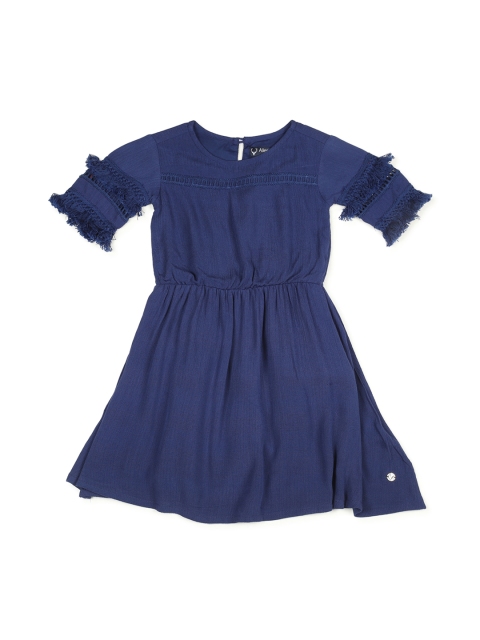 Allen Solly Junior Girls Self Design Navy Blue Fit and Flare Dress