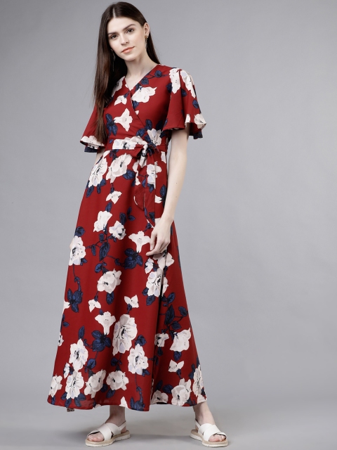 Tokyo Talkies Women Maroon & Off-White Floral Printed Maxi Dress