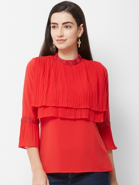 Soie Women Red Solid Tiered Top
