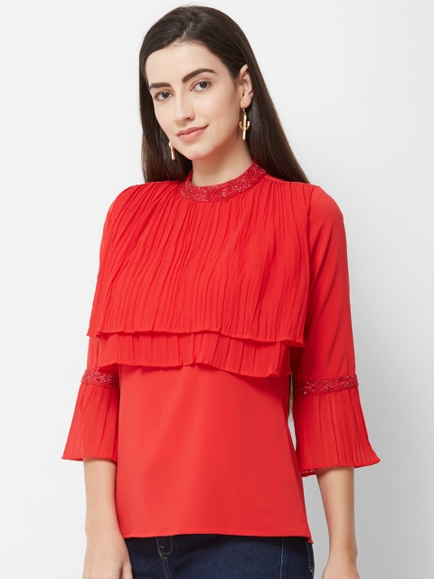 Soie Women Red Solid Tiered Top