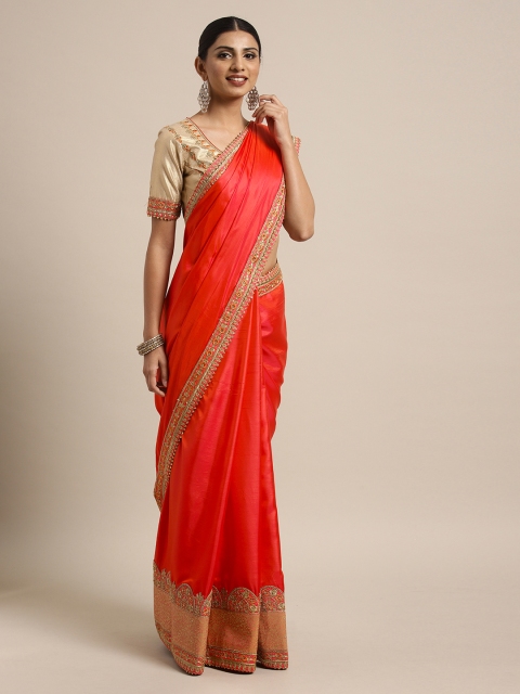 Mitera Orange Embroidered Poly Silk Saree