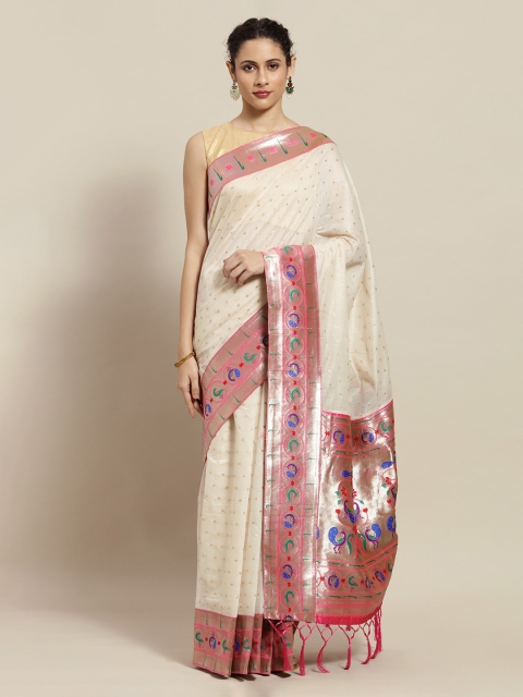 Mitera Cream-Coloured & Pink Silk Cotton Woven Design Paithani Saree