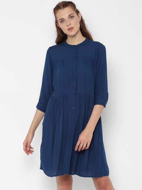 People Women Solid Navy Blue Shirt Dress